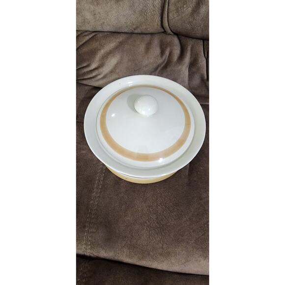 Vintage 1980s Hearthside Serving Bowl, Ceramic Stoneware Tan and Brown bands - Picture 2 of 6